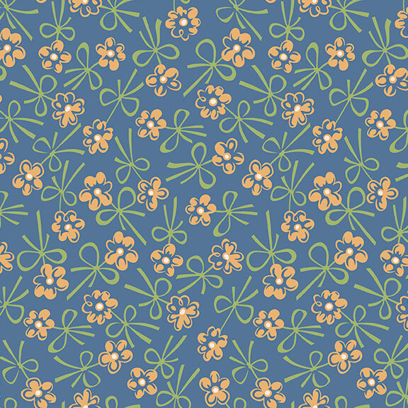 Medium blue fabric with tossed yellow florals and green bows.