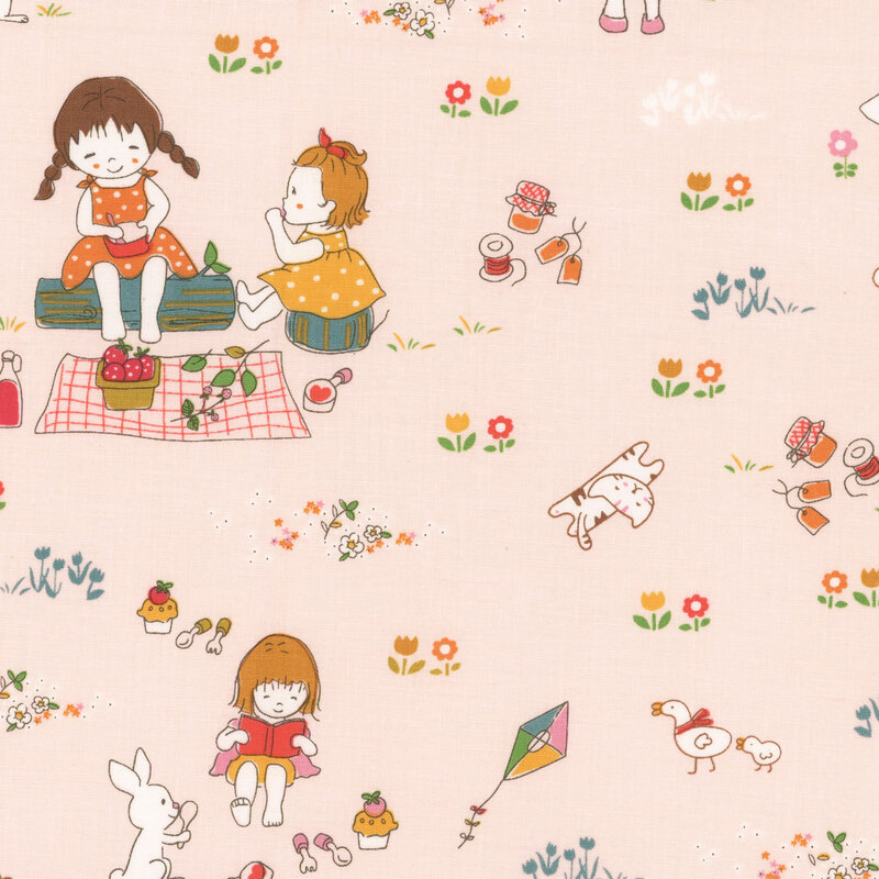 Blush pink fabric with a toile pattern featuring flowers, cats, and picnic scenes.