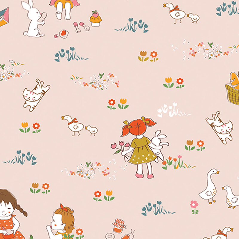 Blush pink fabric with a toile pattern featuring flowers, cats, and picnic scenes.