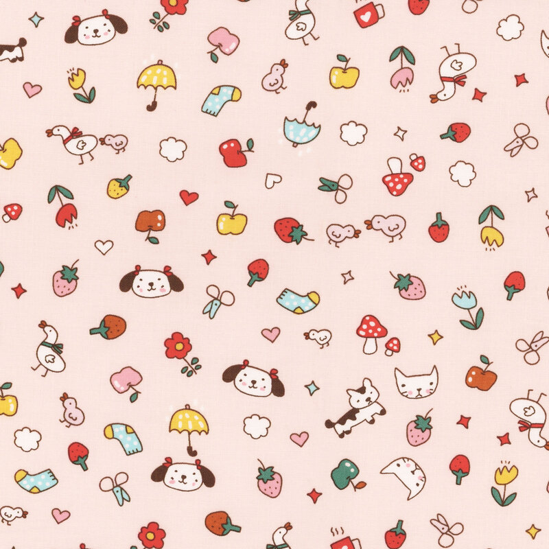 Blush pink fabric with pattern of tossed stylized motifs of cats, dogs, flowers, strawberries, mushrooms, and stars.