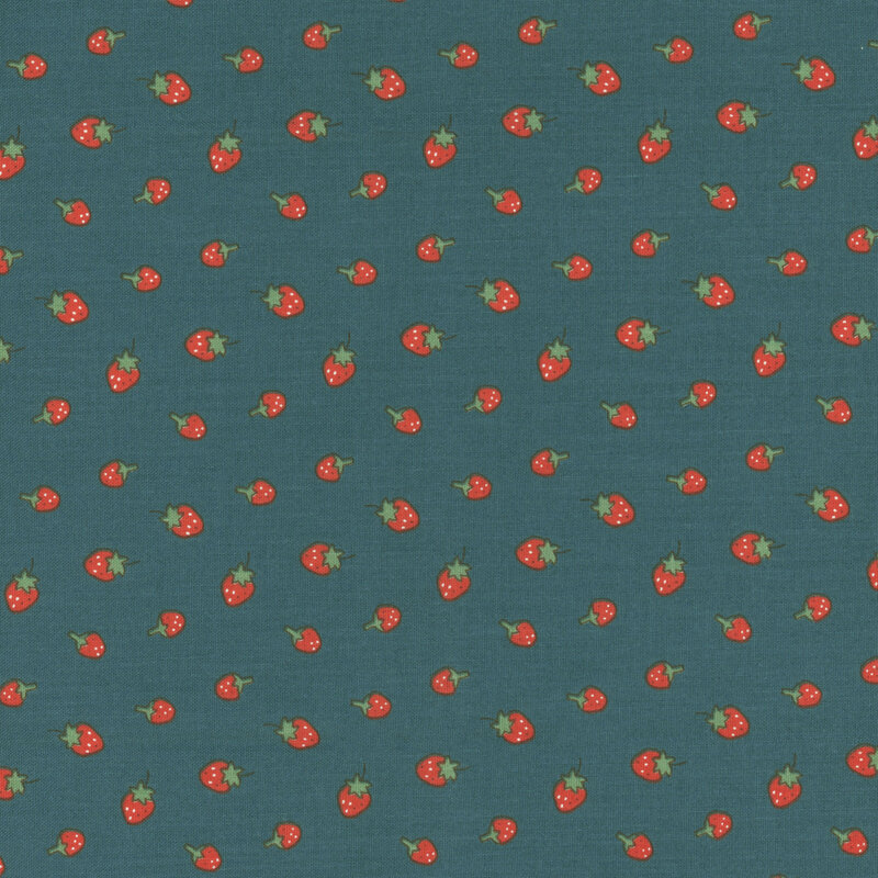 Dark teal blue fabric with a ditsy red strawberry pattern.