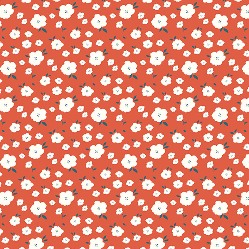 Bright vermillion fabric with tossed white flowers.