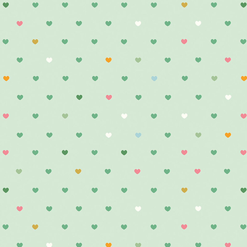 Mint green fabric with rows of multicolor hearts.