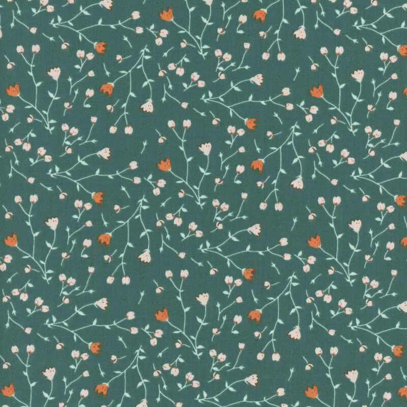 Dark teal fabric with a twisting leaf pattern with coral and yellow buds.