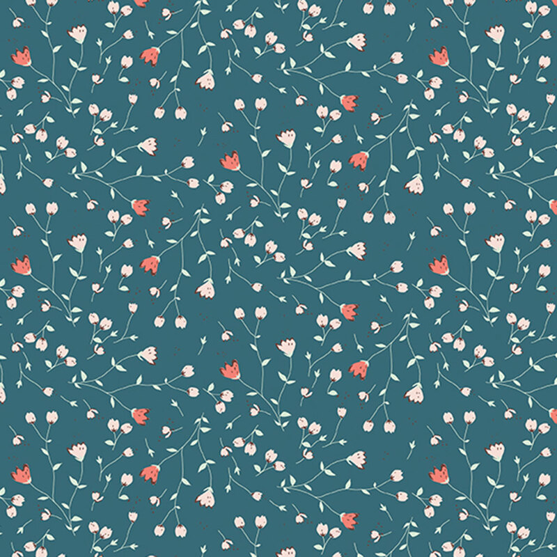Dark teal fabric with a twisting leaf pattern with coral and yellow buds.