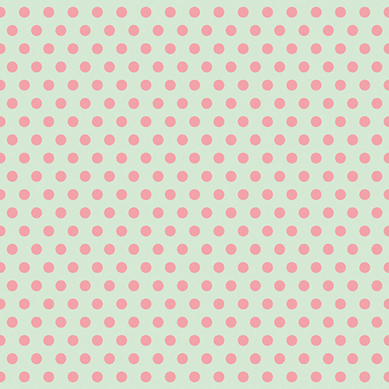 Mint green fabric with classic pink polka dots.
