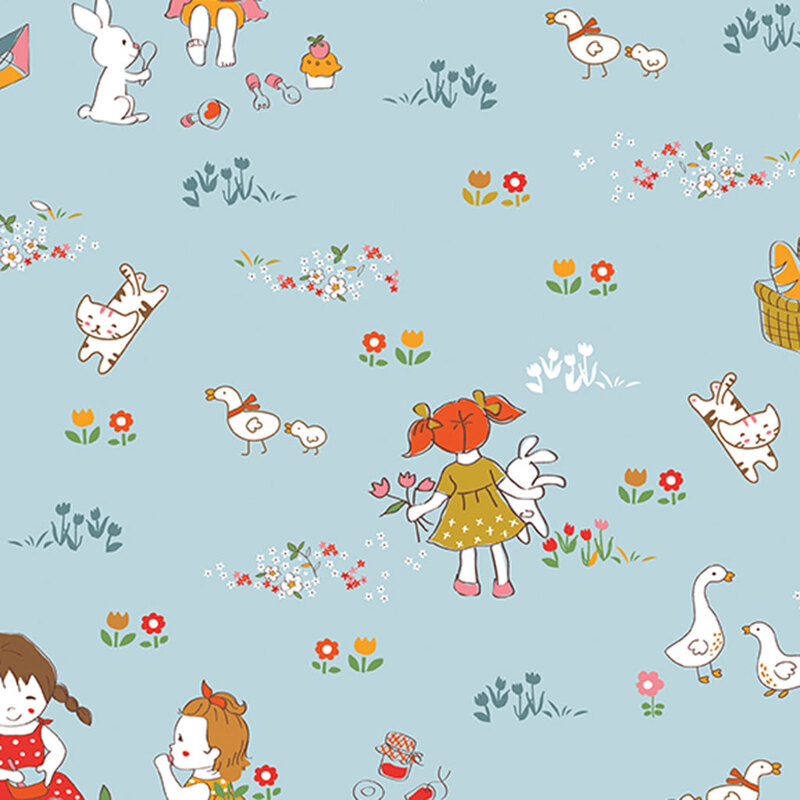 Powder blue fabric with a toile pattern featuring flowers, cats, and picnic scenes.