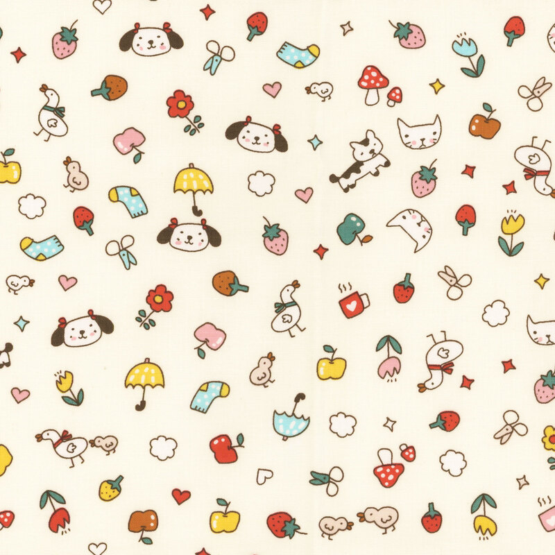 Cream pink fabric with pattern of tossed stylized motifs of cats, dogs, flowers, strawberries, mushrooms, and stars.