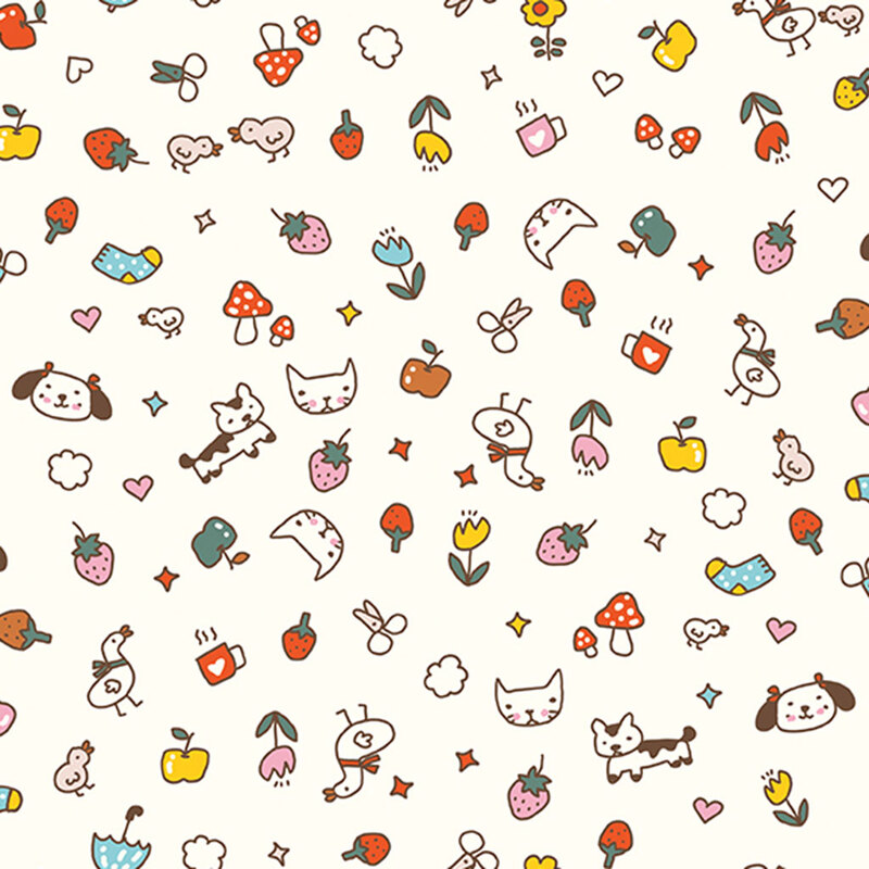 Cream pink fabric with pattern of tossed stylized motifs of cats, dogs, flowers, strawberries, mushrooms, and stars.