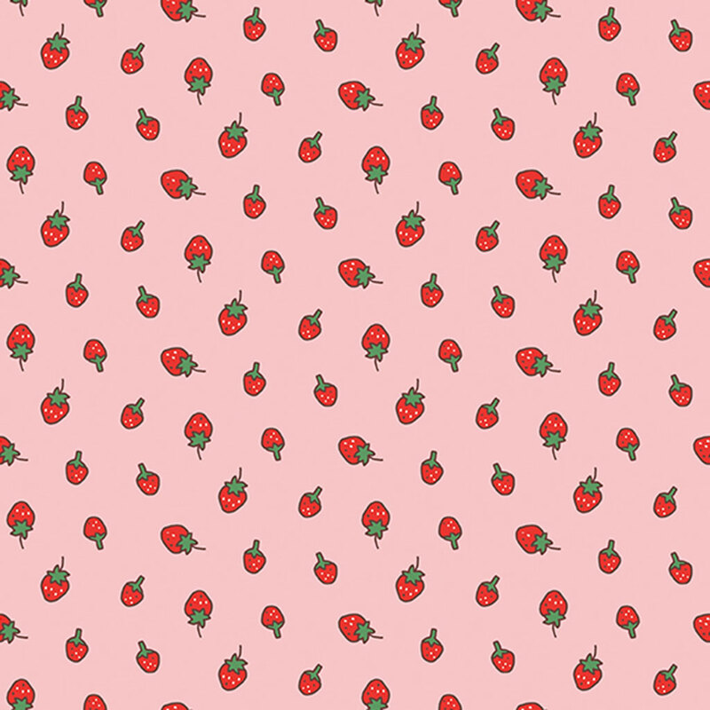 Pink fabric with a ditsy red strawberry pattern.