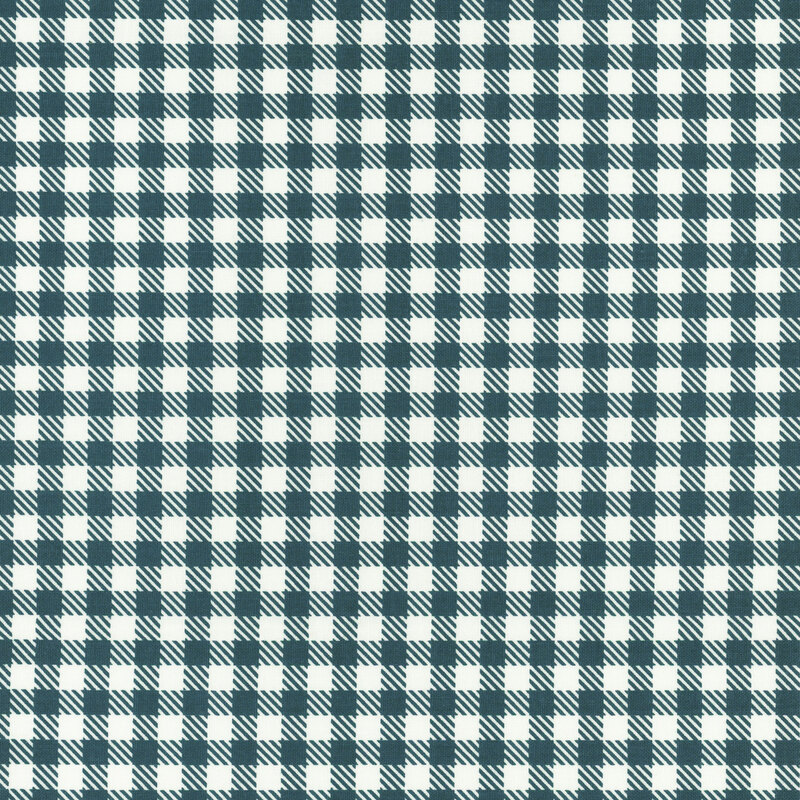 Cream and dark teal blue textured gingham fabric.
