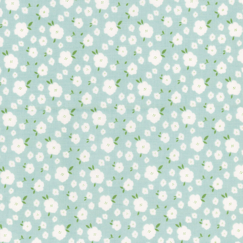 Pale light blue fabric with tossed white flowers.