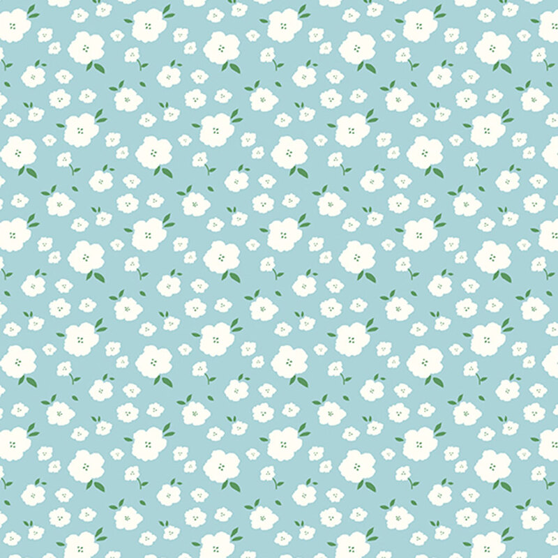 Pale light blue fabric with tossed white flowers.