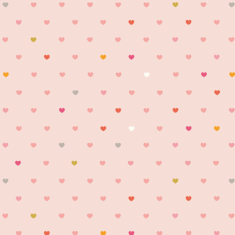 Blush pink fabric with rows of multicolor hearts.