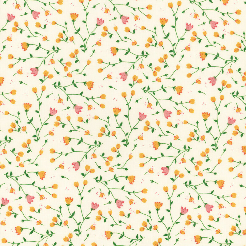 Bright cream fabric with a twisting leaf pattern with coral and yellow buds.