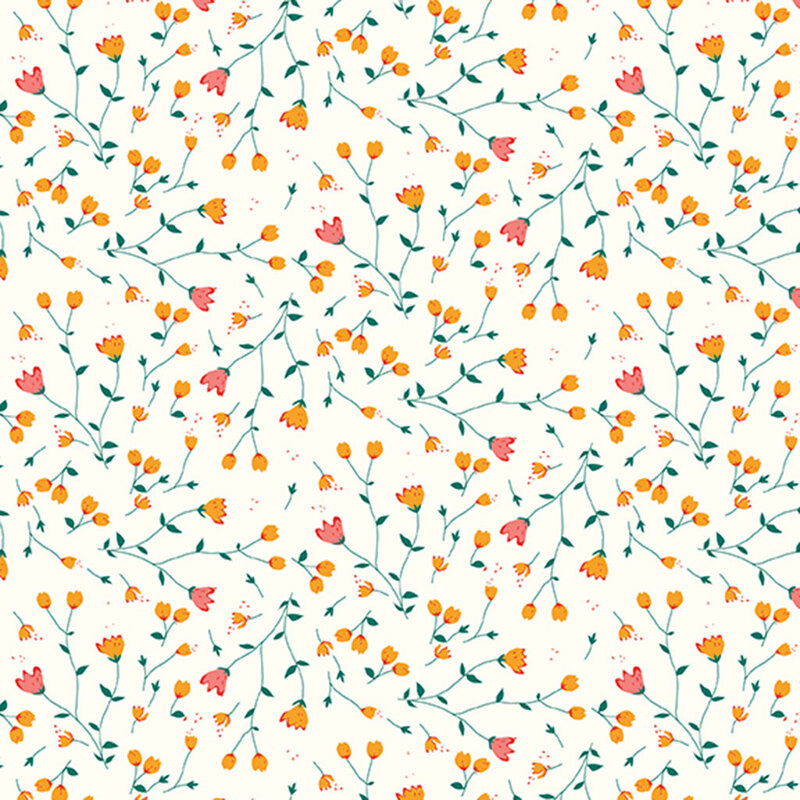 Bright cream fabric with a twisting leaf pattern with coral and yellow buds.