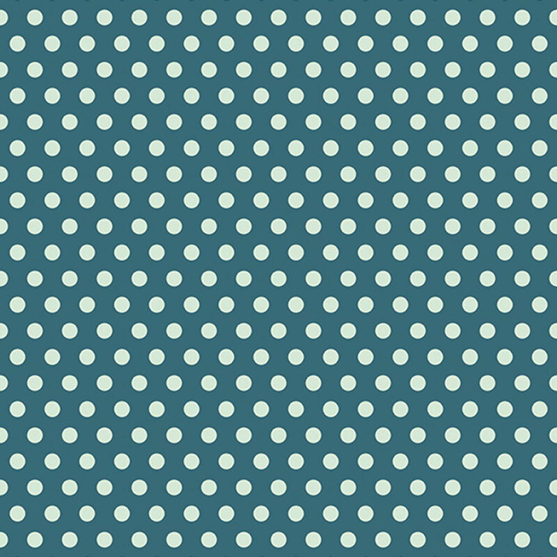 Dark teal blue fabric with classic mint green polka dots.