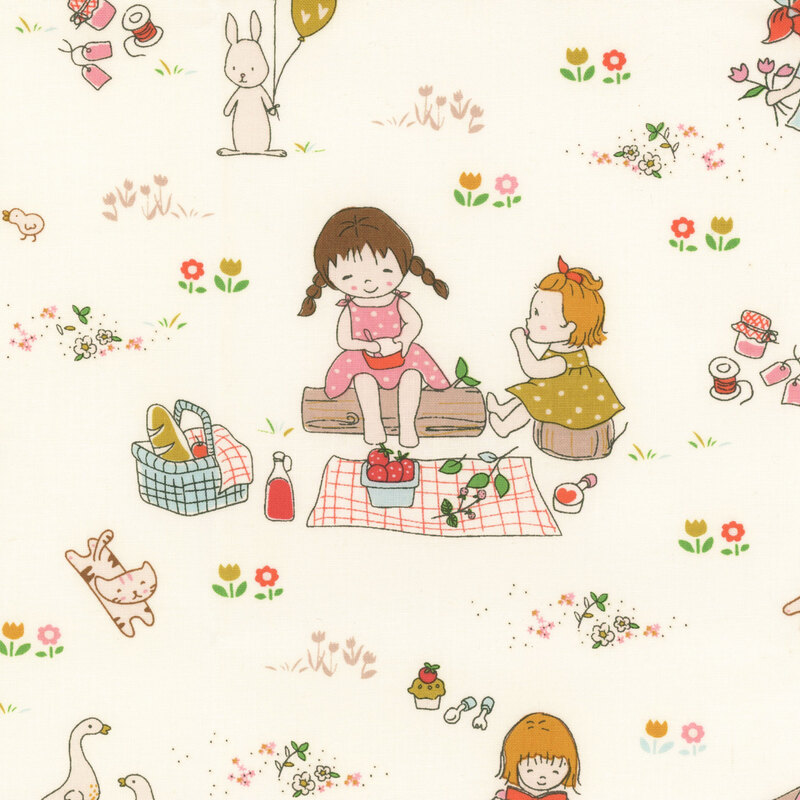 Cream fabric with a toile pattern featuring flowers, cats, and picnic scenes.