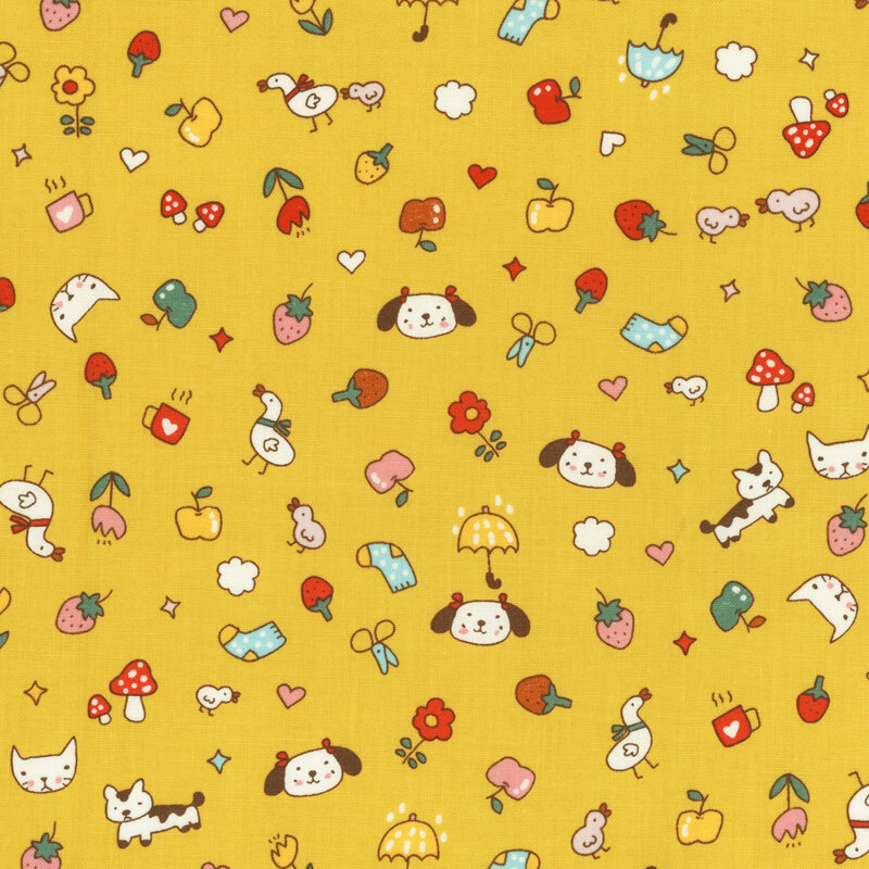 Golden yellow fabric with pattern of tossed stylized motifs of cats, dogs, flowers, strawberries, mushrooms, and stars.