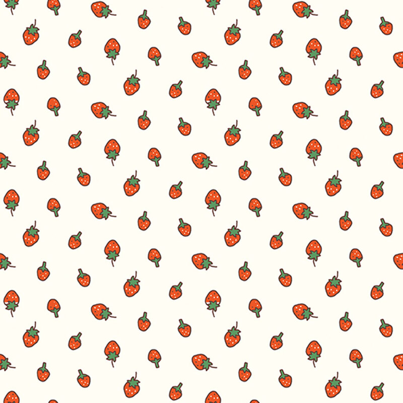 Cream fabric with a ditsy red strawberry pattern.