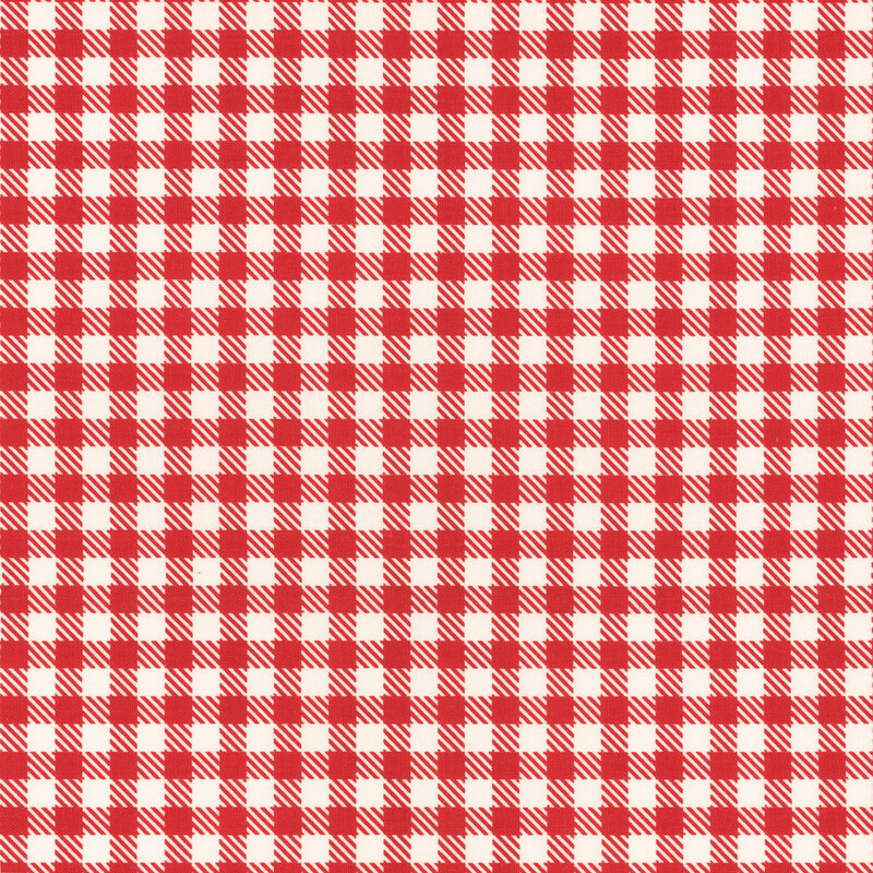 Cream and bright red textured gingham fabric.