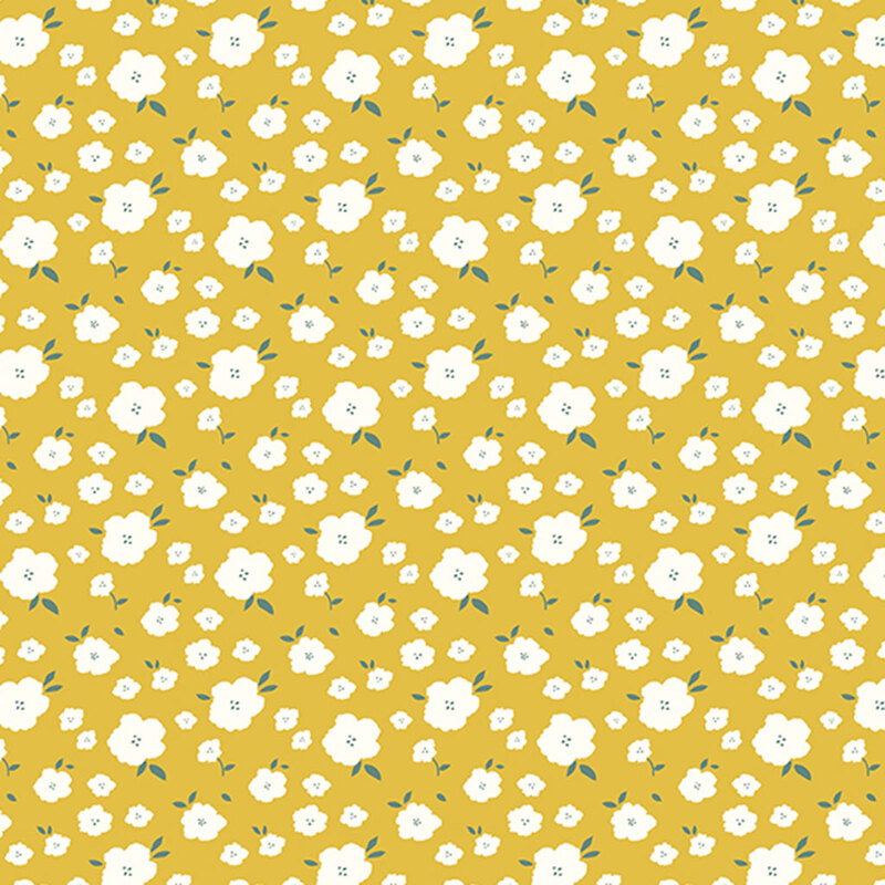 Mustard yellow fabric with tossed white flowers.
