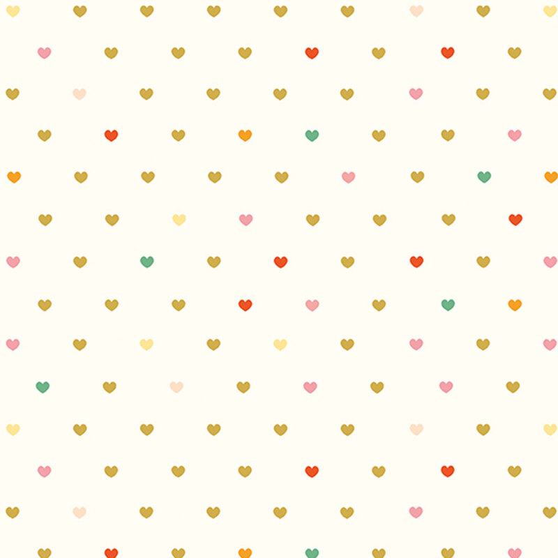 Cream fabric with rows of multicolor hearts.
