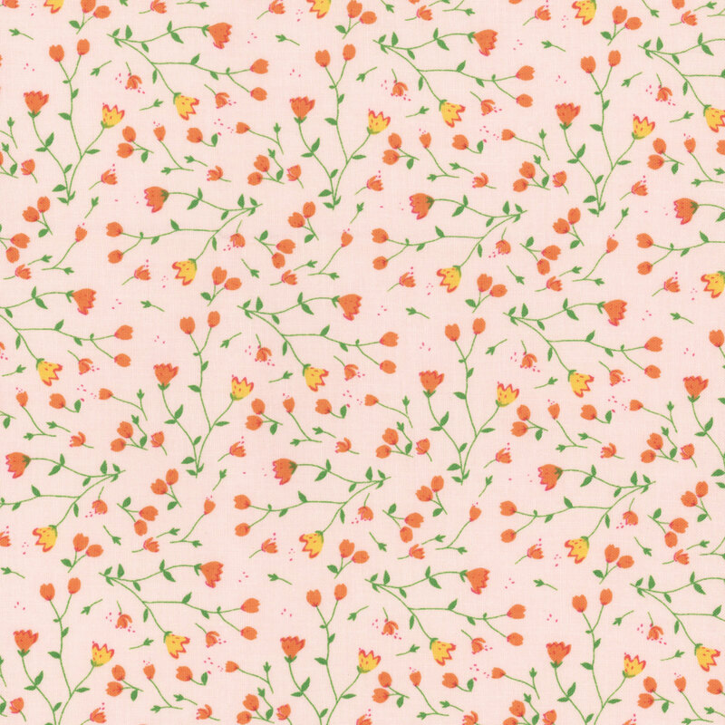 Blush pink fabric with a twisting leaf pattern with coral and yellow buds.
