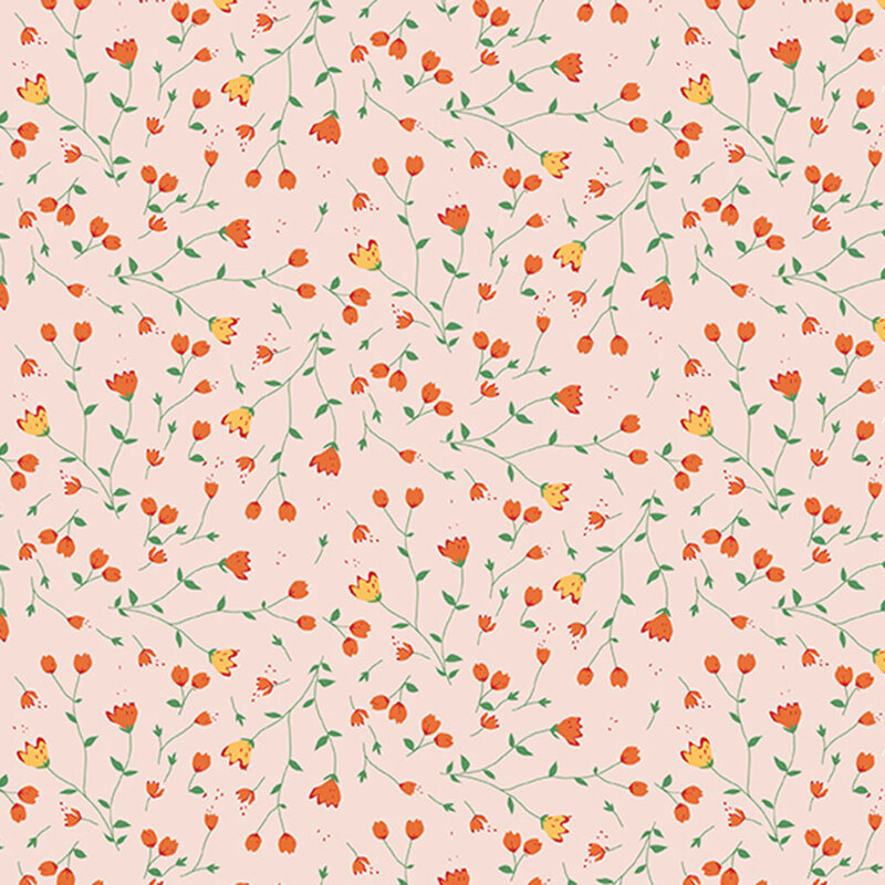 Blush pink fabric with a twisting leaf pattern with coral and yellow buds.