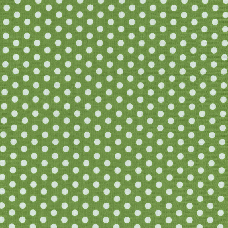Avocado green fabric with classic light blue polka dots.