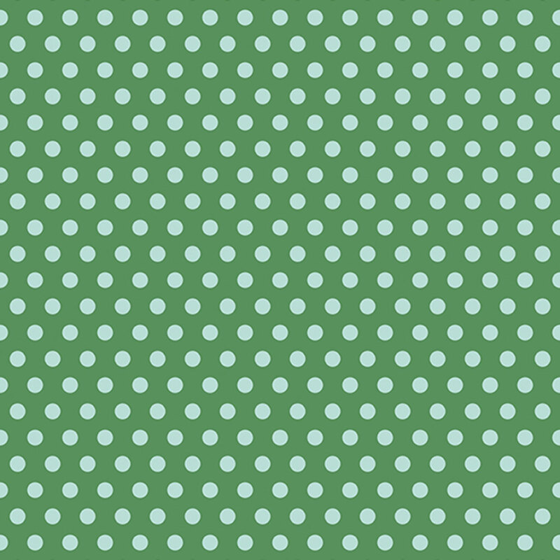 Forest green fabric with classic light blue polka dots.