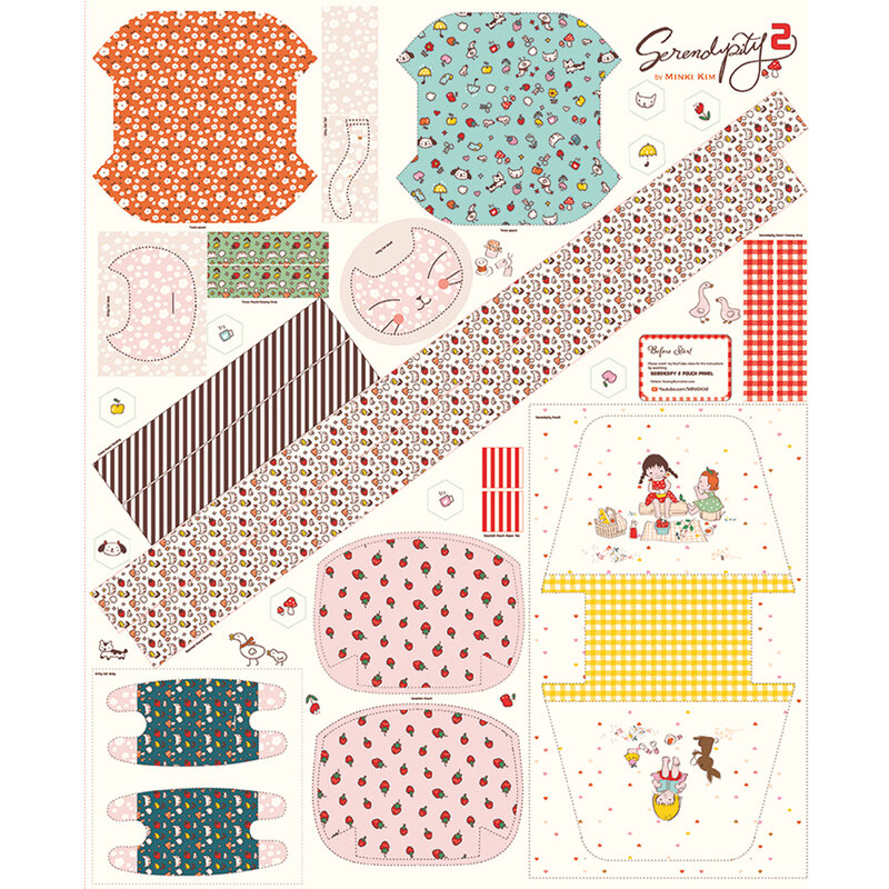Full digital render of the project panel for the Serendipity 2 collection featuring two pouches and a cat stuffed animal.