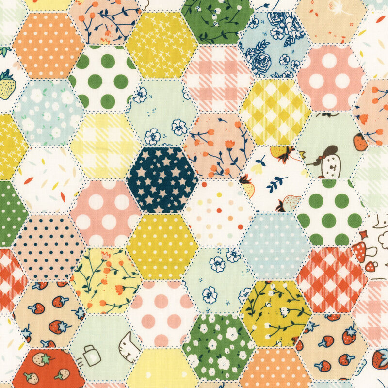 Cheater panel featuring hexagonal faux patchwork featuring prints from throughout the Serendipity 2 collection.