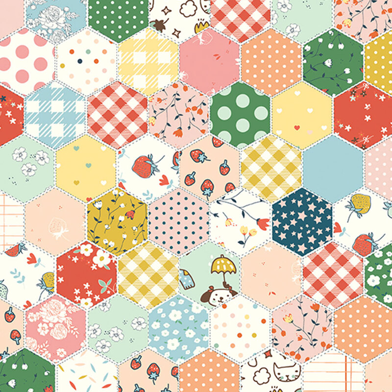 Cheater panel featuring hexagonal faux patchwork featuring prints from throughout the Serendipity 2 collection.