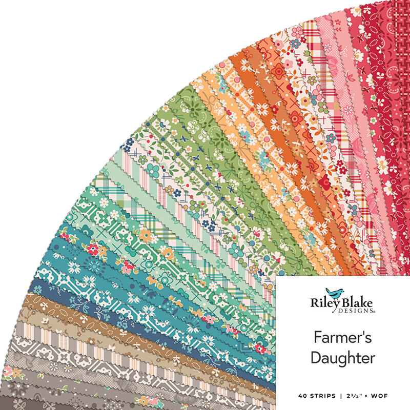A collage of fabrics in the Farmer's Daughter Jelly Roll featuring various colors and prints.