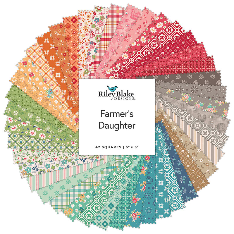 A collage of fabrics in the Farmer's Daughter Charm Pack featuring various colors and prints.