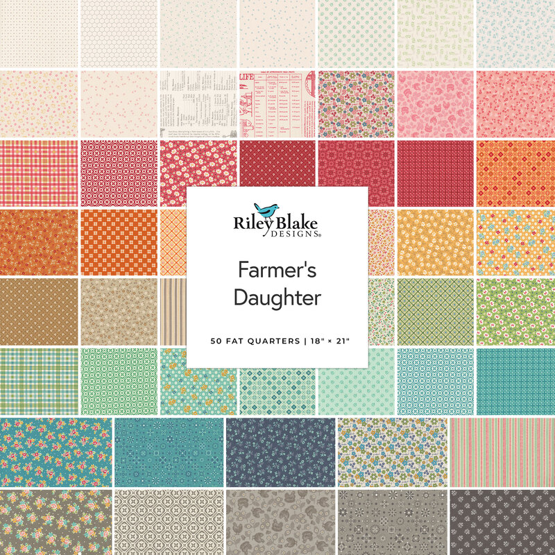 A collage of fabrics in the Farmer's Daughter Fat Quarter Set featuring various colors and prints.
