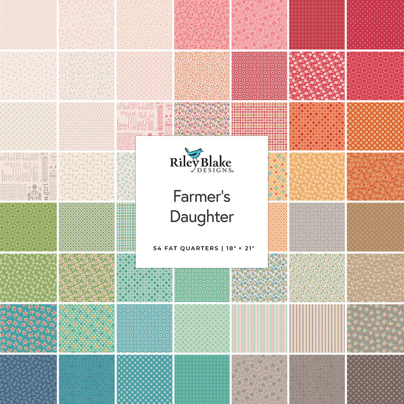 A collage of fabrics in the Farmer's Daughter Fat Quarter Set featuring various colors and prints.