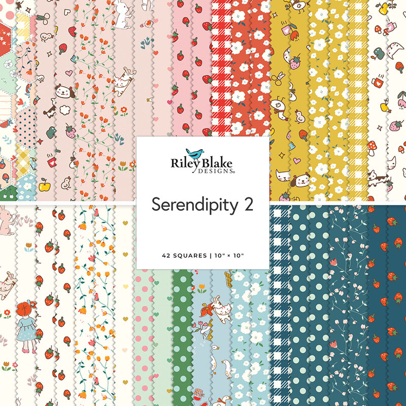 Collage of the pink, red, yellow, cream, green, and dark teal blue fabrics featured in the Serendipity 2 - 10