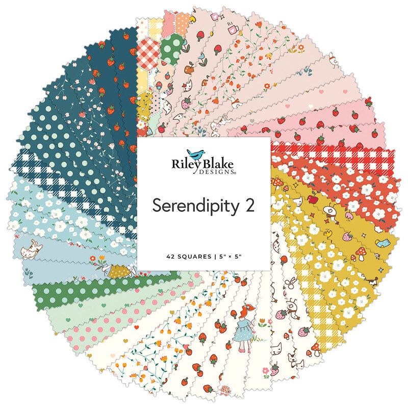 Fanned out circular collage of the fabrics featured in the Serendipity 2 - 5