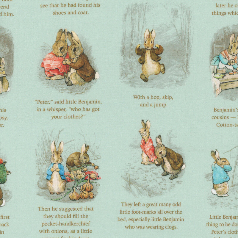 Storybook pictures and text featuring the adventures of Peter Rabbit and Benjamin Bunny on light blue fabric.