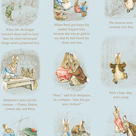 Storybook pictures and text featuring the adventures of Peter Rabbit and Benjamin Bunny on light blue fabric.