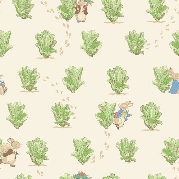 Storybook rabbits, Peter and Benjamin, are surrounded by the garden lettuce on cream fabric.