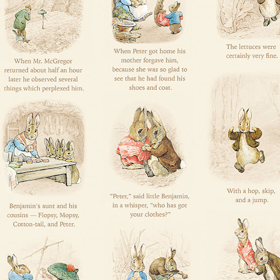 Storybook pictures and text featuring the adventures of Peter Rabbit and Benjamin Bunny on cream fabric.