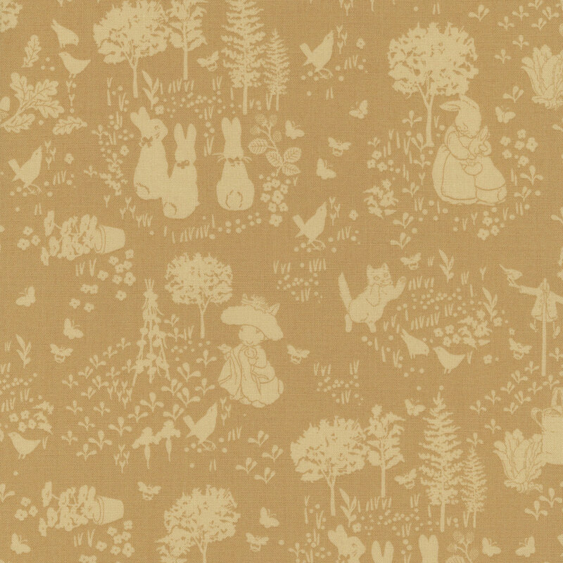 Tonal tan fabric featuring rabbits and trees in an outdoor garden.