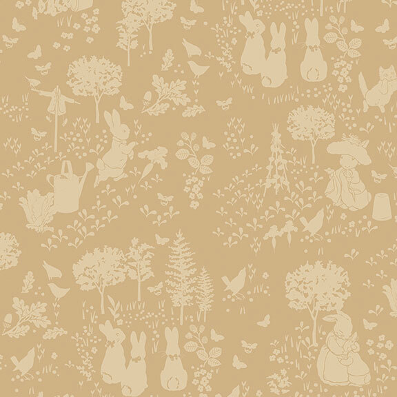 Tonal tan fabric featuring rabbits and trees in an outdoor garden.