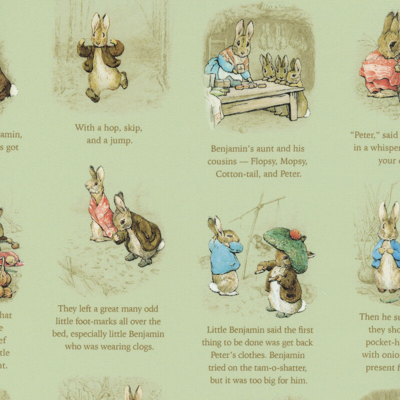 Storybook pictures and text featuring the adventures of Peter Rabbit and Benjamin Bunny on green fabric.