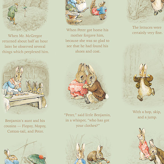 Storybook pictures and text featuring the adventures of Peter Rabbit and Benjamin Bunny on green fabric.
