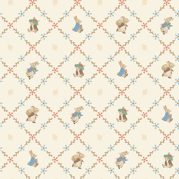 The storybook rabbits, Peter and Benjamin, pose inside floral lattice on cream fabric.