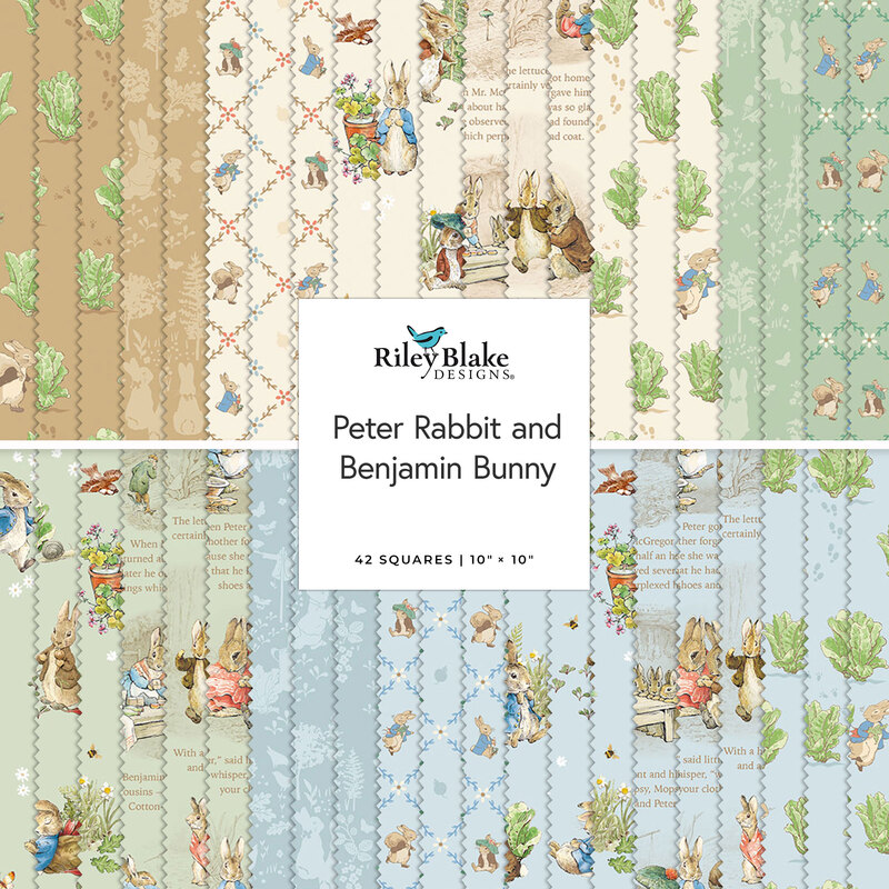 Collage of fabric swatches in the Peter Rabbit and Benjamin Bunny collection featuring storybook woodland adventures.